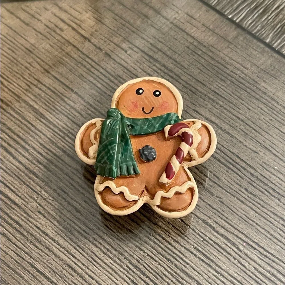 Vintage Festive Gingerbread Man Pin with Green Scarf & Candy Cane Christmas Pin